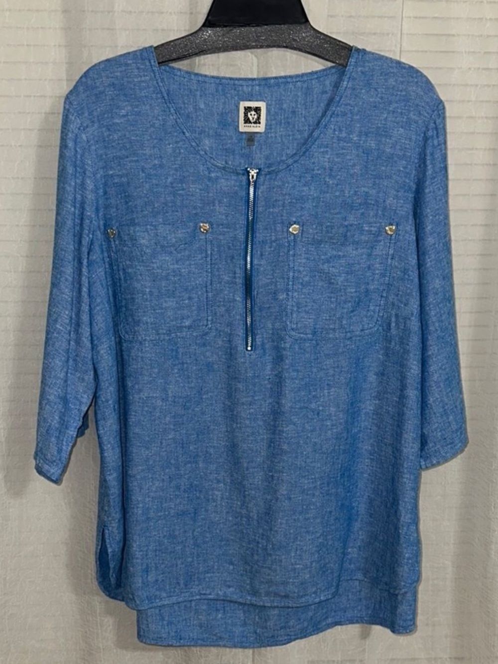 Anne Klein 1X Sea Blue Linen Blend Front Zip Quarter Tab Sleeve Top Tunic